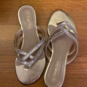 Diamond crusted gold thong sandals with slight heel